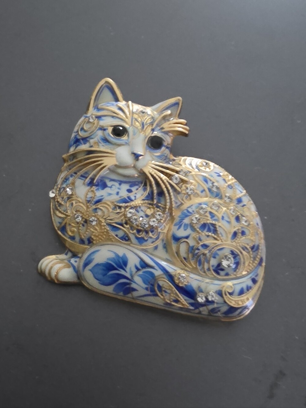 Blue and Gold Cat Brooch - Elegant Women's Jewelry